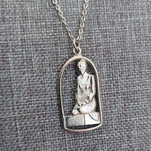 Vintage Silver-Tone Praying Woman Devotional  Necklace 18” Signed